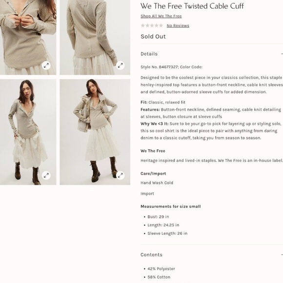 NWT FREE PEOPLE TWISTED CABLE KNIT THERMAL HENLEY - Picture 9 of 9